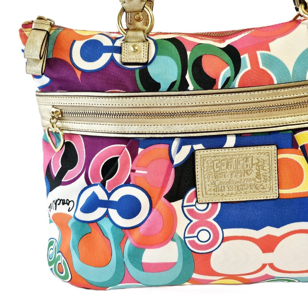 Coach Poppy Rare Vintage Bright Multicolor Gold Accents Purse Tote Style #F20080 - Picture 4 of 16